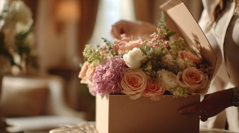 An elegant custom flower box being opened.