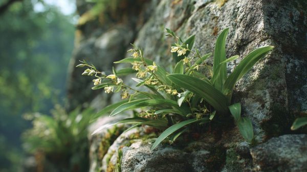 A resilient stone orchid growing in a rocky crevice.