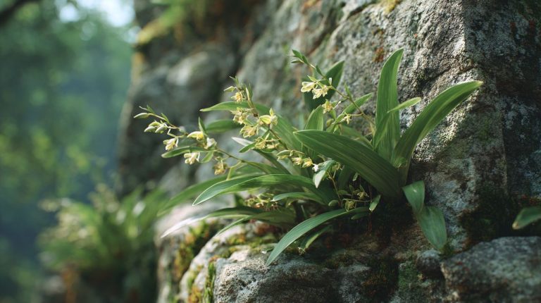 A resilient stone orchid growing in a rocky crevice.