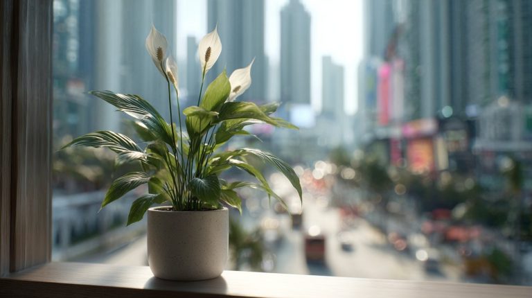 A tranquil peace lily against a blurred city background.