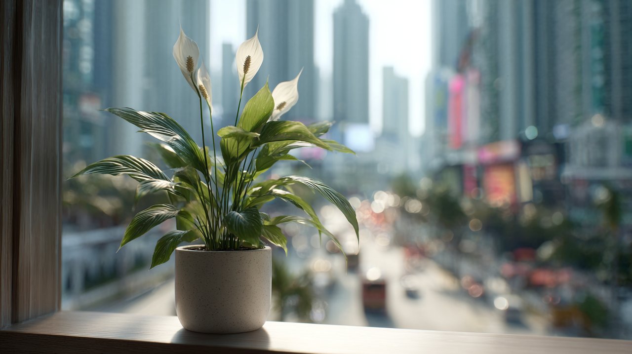 A tranquil peace lily against a blurred city background.