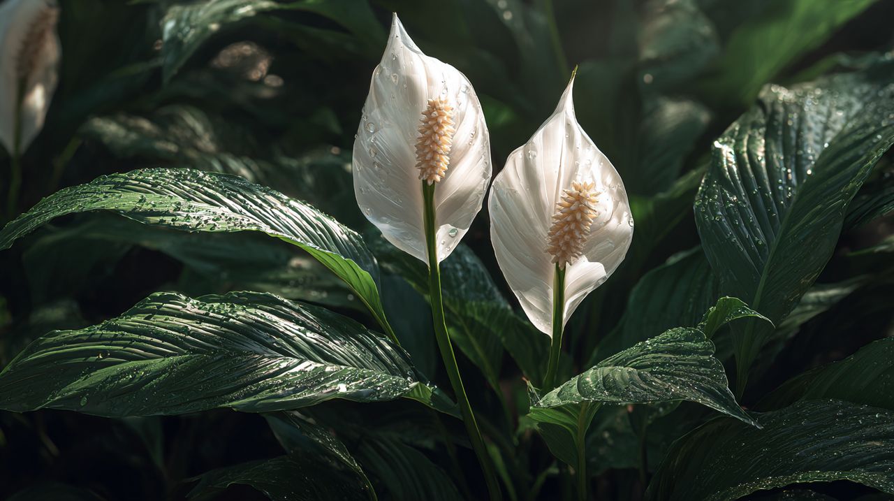 Close-up of a peace lily with detailed leaves and white spathes.