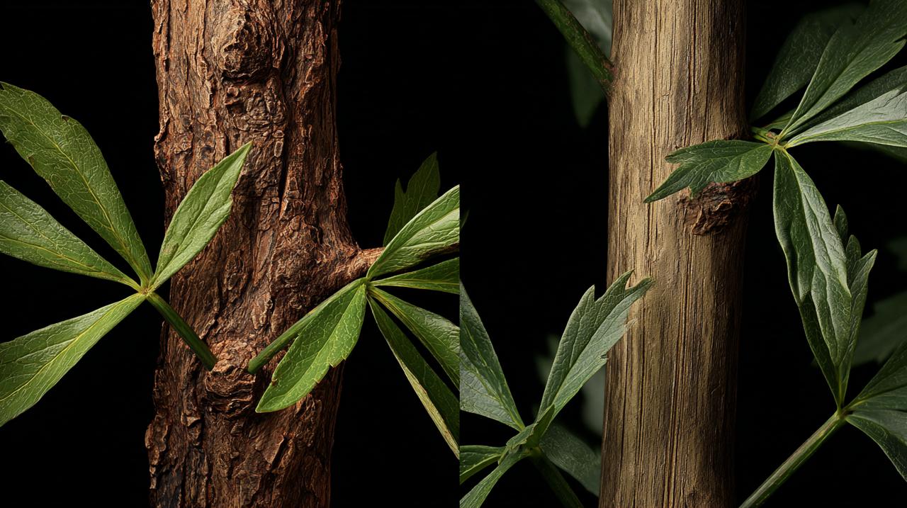 Close-up comparison of peony and Chinese peony stems