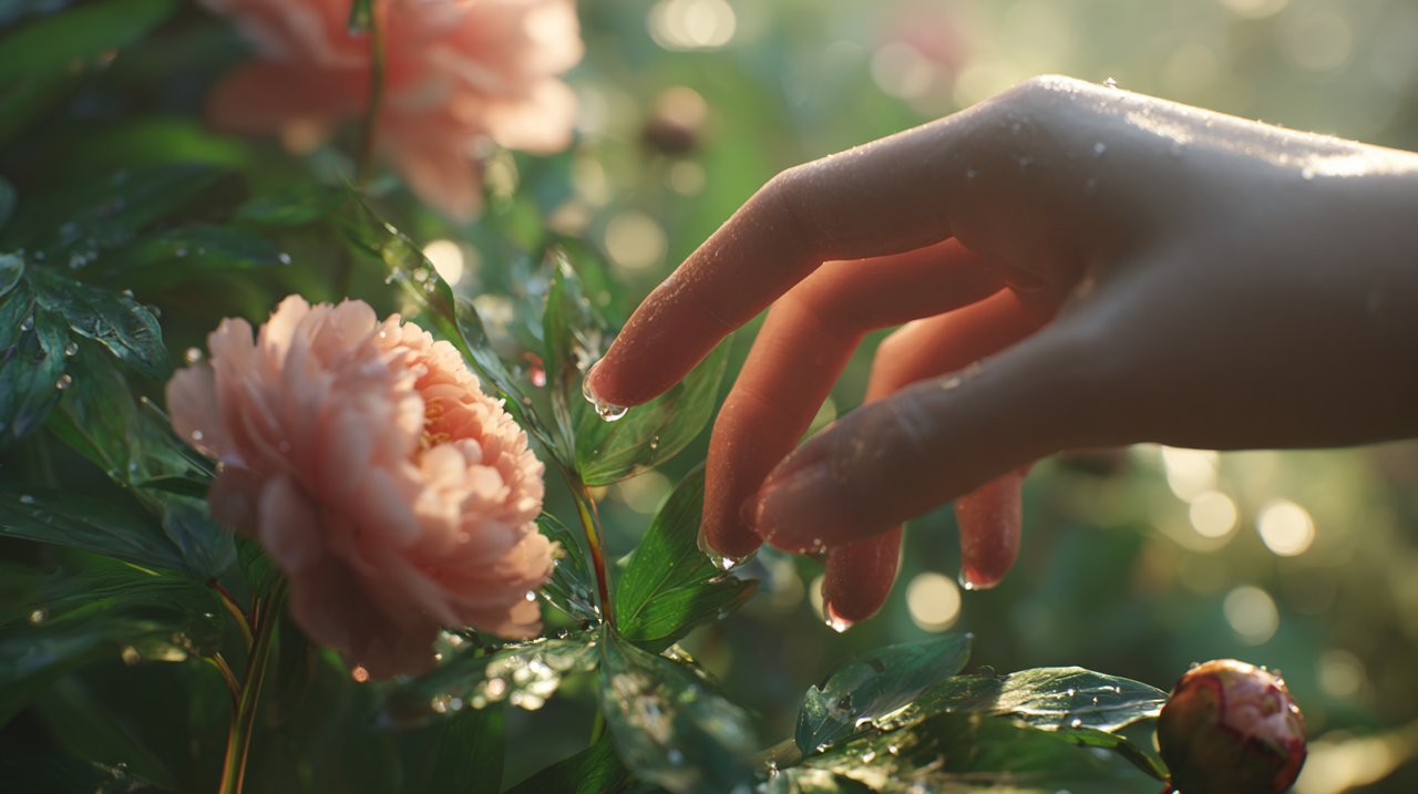 A hand gently tending to a Chinese peony