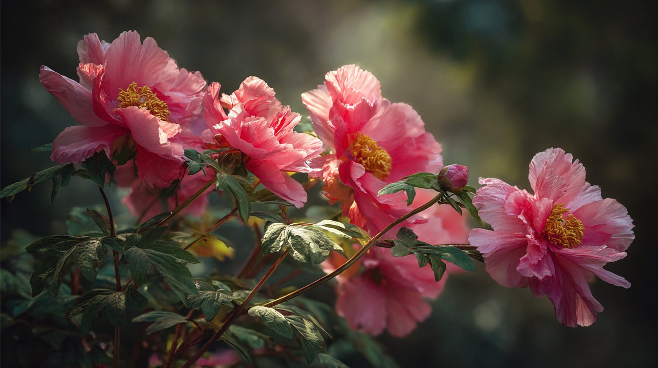 A garden scene with both peonies and Chinese peonies