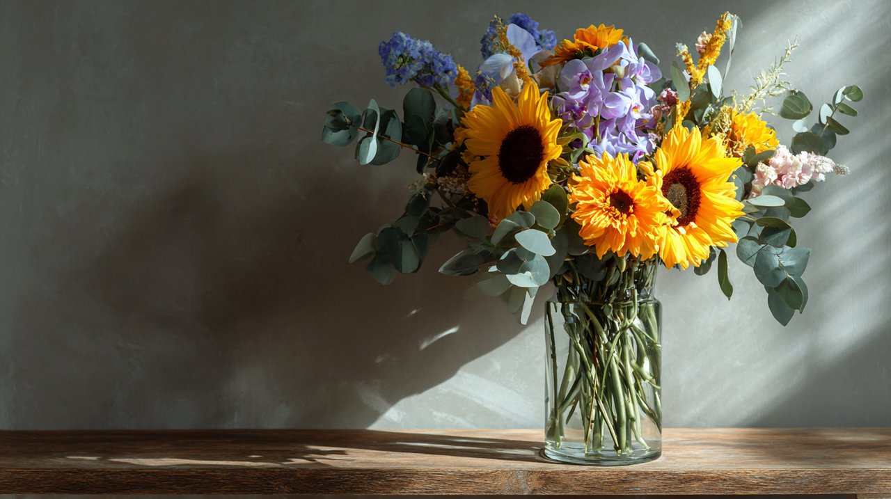 Modern bouquet reflecting a vibrant personality with sunflowers and orchids.