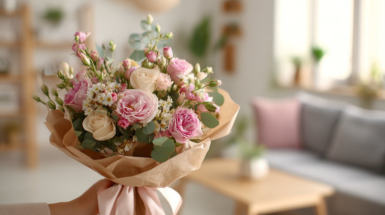 Elegant flower bouquet in stylish kraft paper wrapping being received.