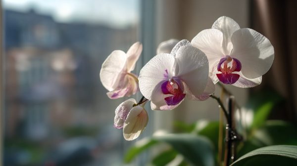 A beautiful white butterfly orchid on a windowsill