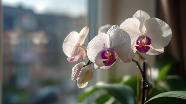 A beautiful white butterfly orchid on a windowsill