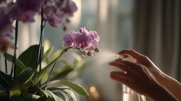 Hands gently caring for a butterfly orchid