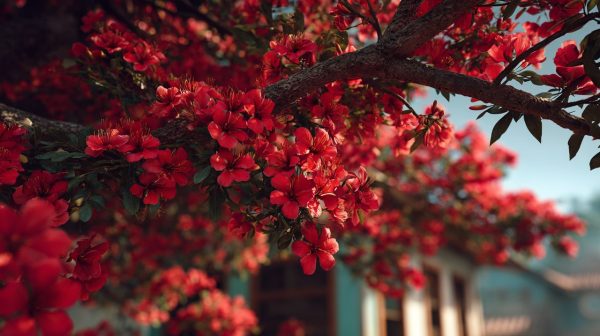 Vibrant red phoenix flowers blooming against a summer sky.