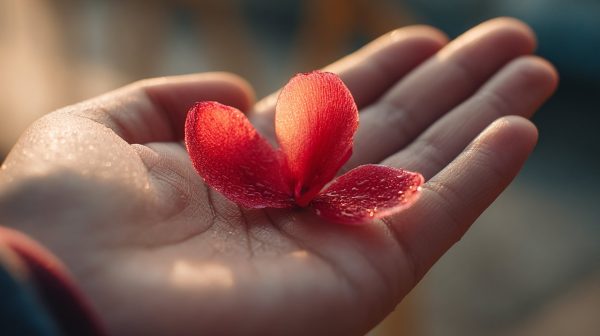 A delicate phoenix flower petal in a hand, symbolizing hope.