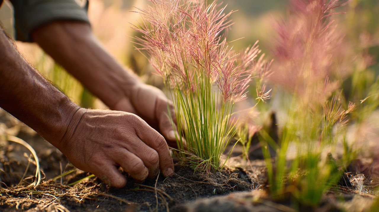 Hands gently tending to young pink muhly grass plants.