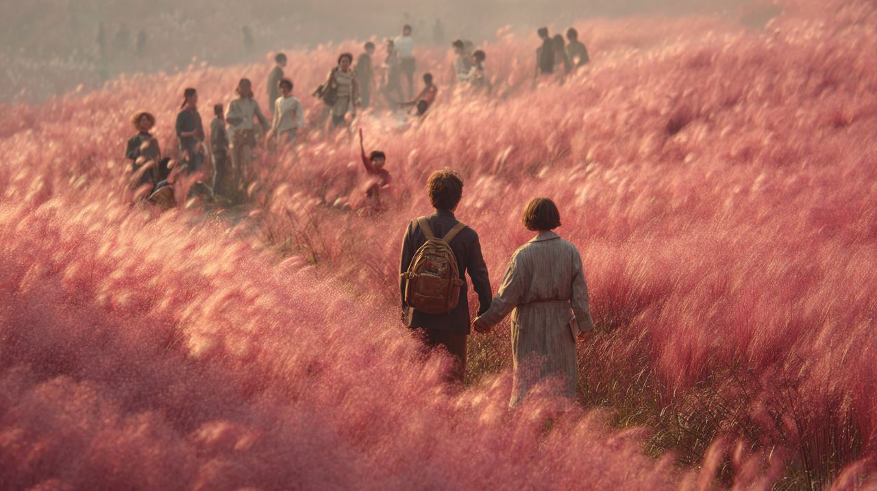 People walking and interacting in a pink muhly grass field.