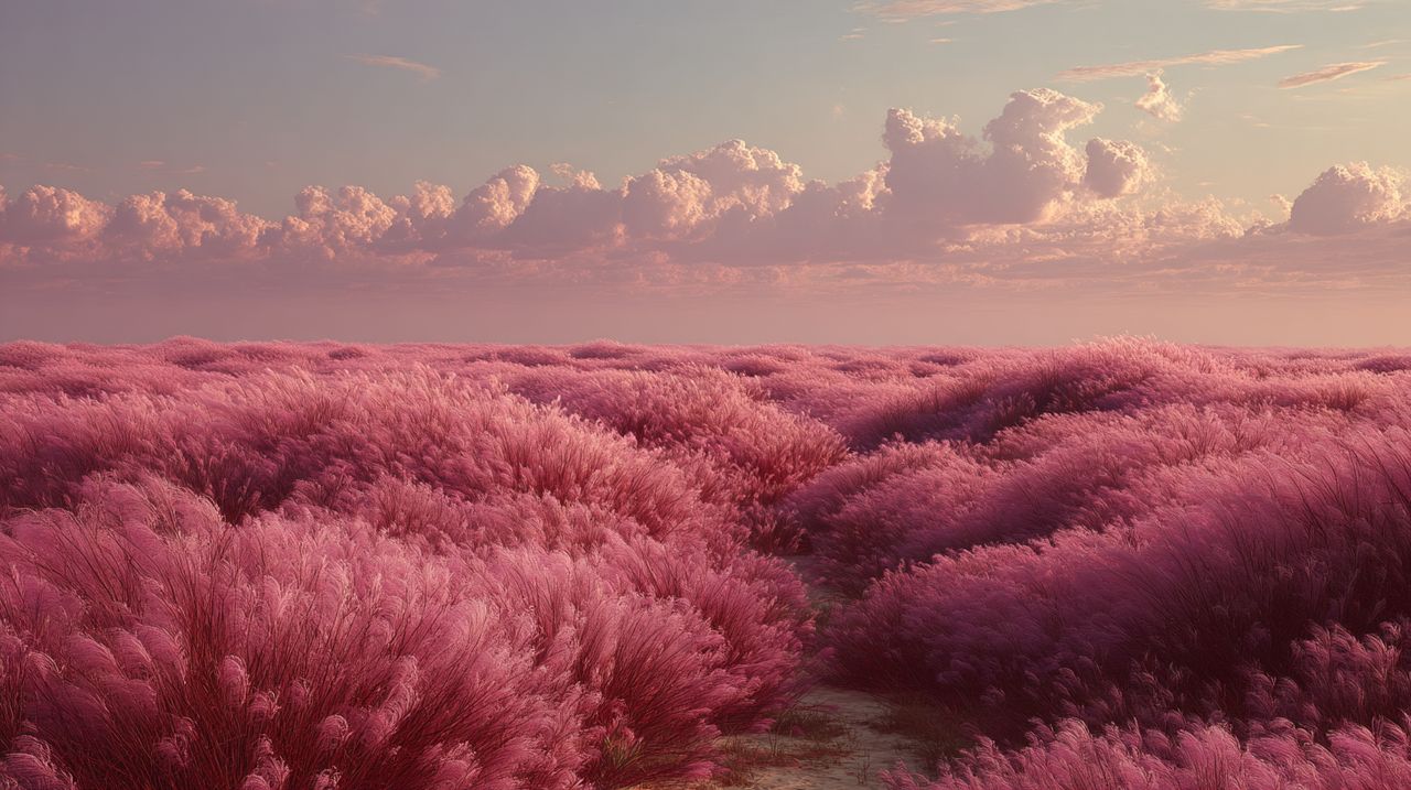 A vast field of pink muhly grass under soft autumn light.
