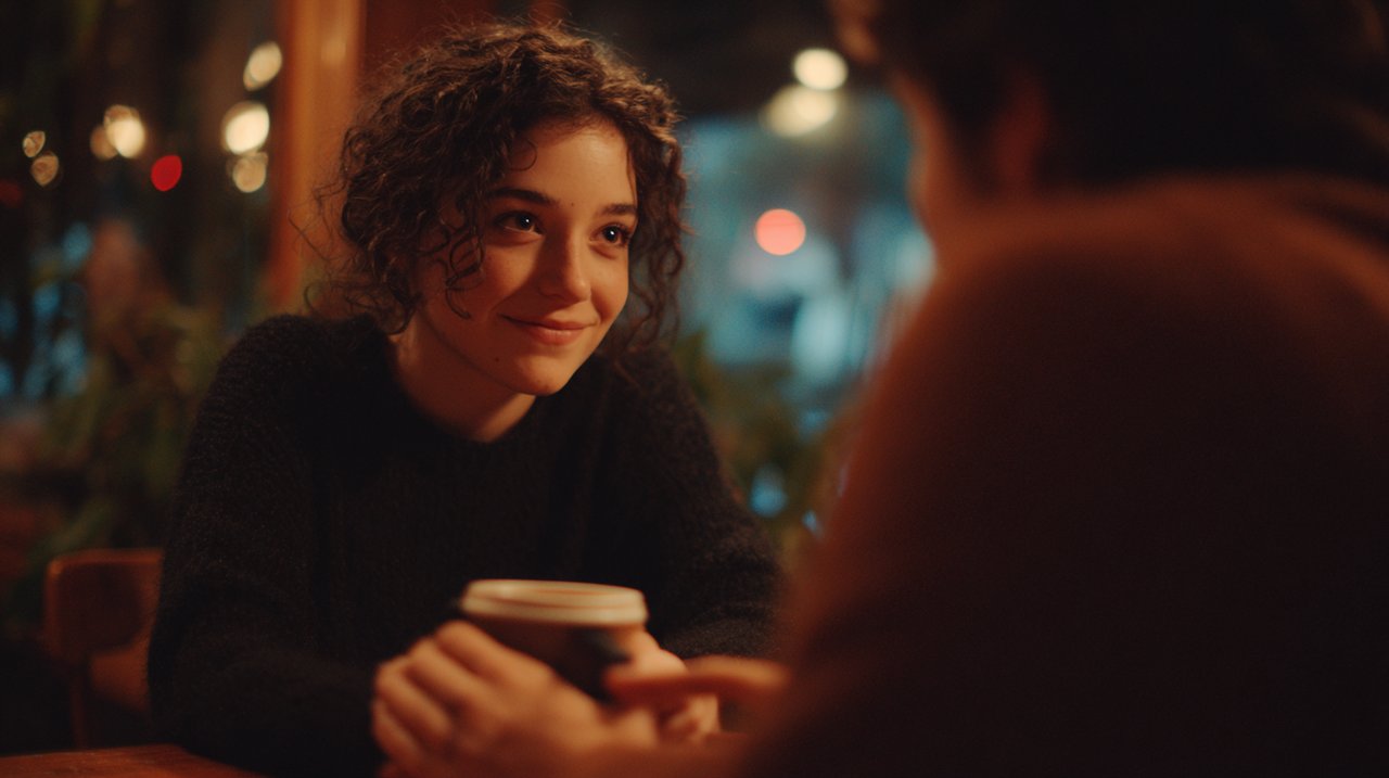 Two people sharing a genuine, heartfelt moment over coffee.