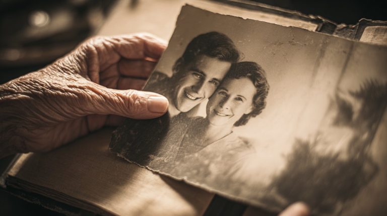 An aged hand gently touching a vintage photograph of a young couple.