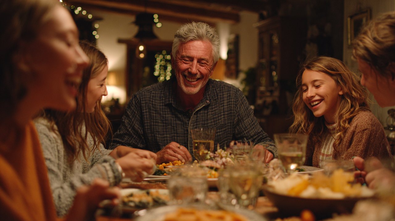 A warm family gathering celebrating a 60th birthday with laughter and food.