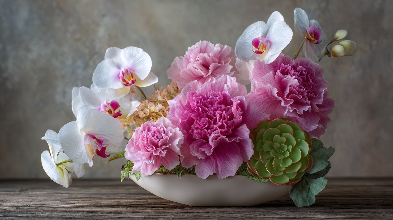 An elegant bouquet for a 60th birthday, featuring carnations, a longevity plant, and an orchid.