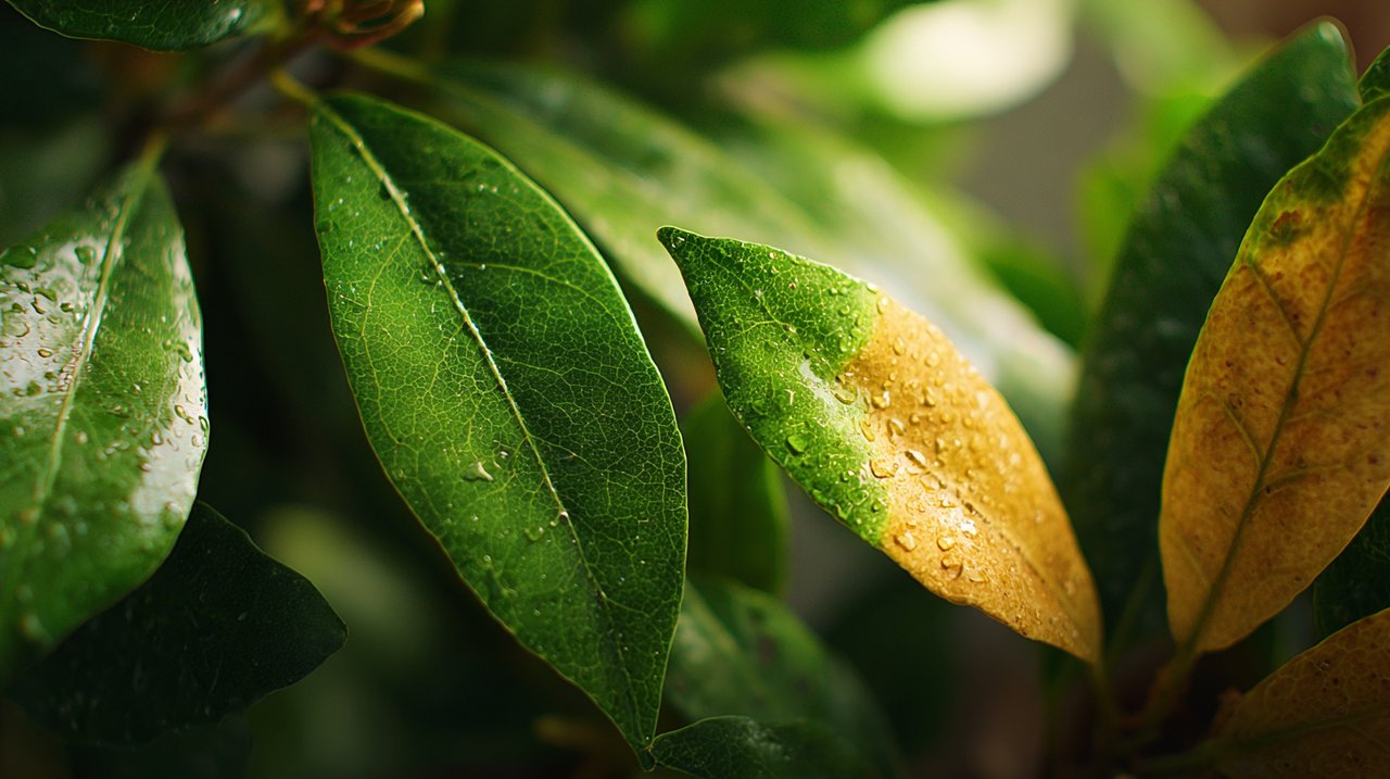 A close-up of a plant leaf showing both healthy green and some yellowing areas.