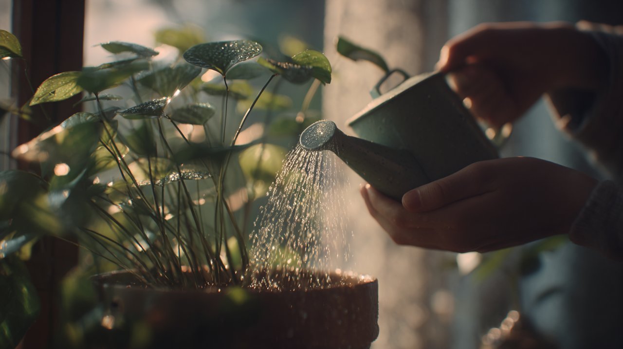 A person's hand gently watering a potted plant, illustrating proper care.