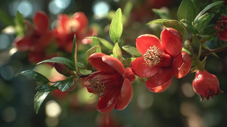 Vibrant red pomegranate flowers blooming
