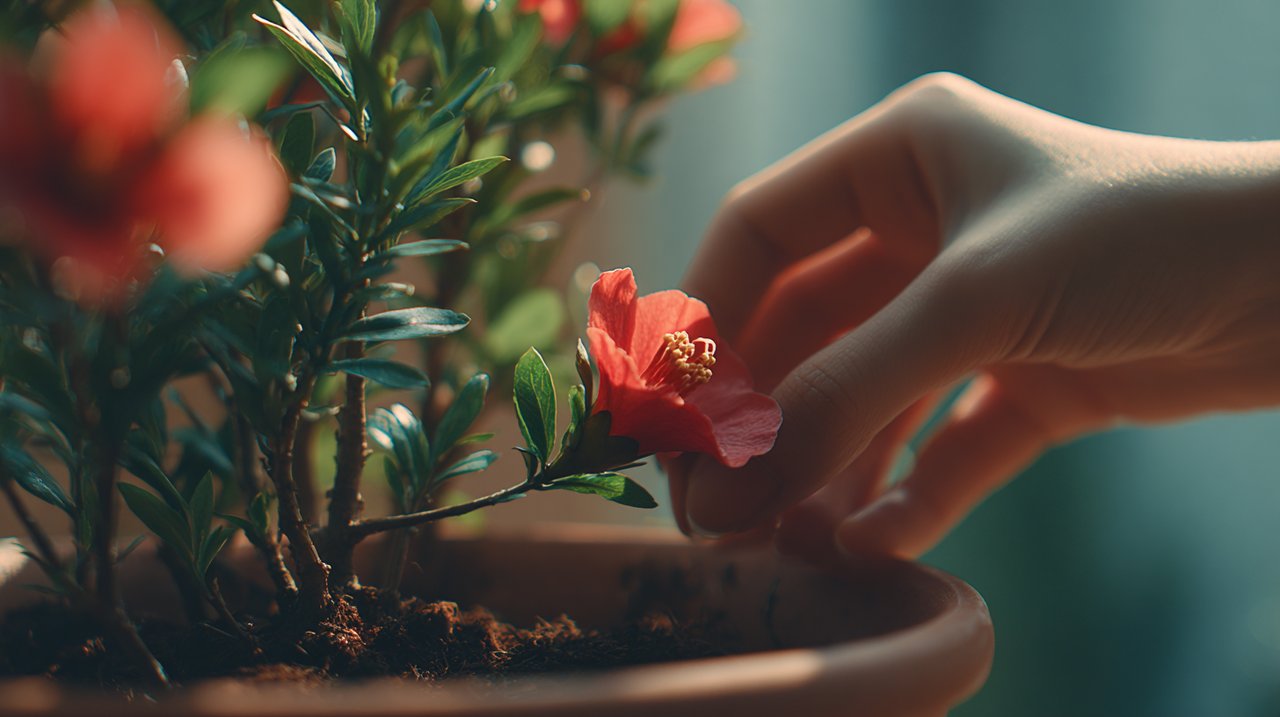 Hands tending to a blooming potted pomegranate plant