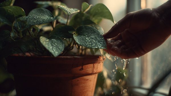 Hand gently watering a Pothos plant.