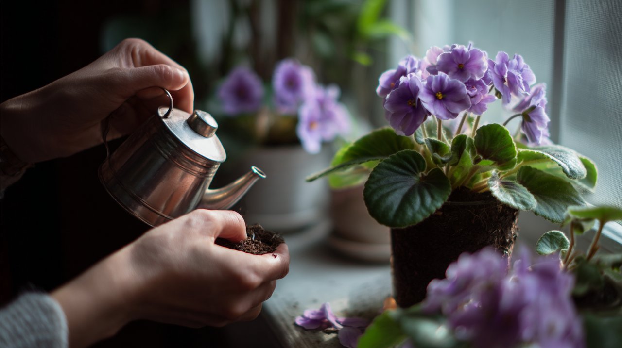 Hands gently watering a potted African violet on a windowsill.