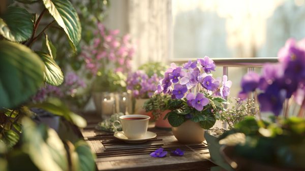A tranquil urban balcony garden with various purple flowers.