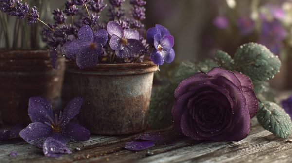 An artistic arrangement of lavender, African violet, and a purple rose.