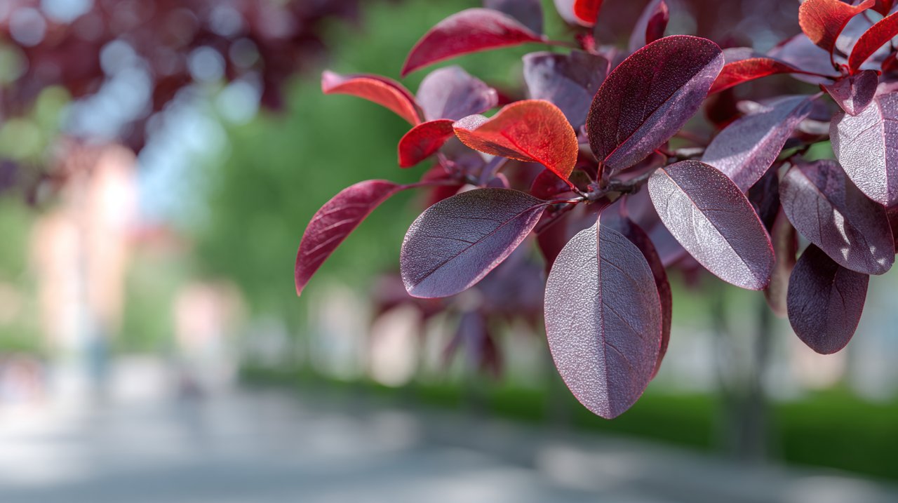 Vibrant purple-red leaves of a Purpleleaf Plum tree.
