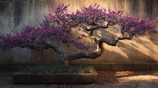 An elegantly pruned Purpleleaf Plum tree in a garden.