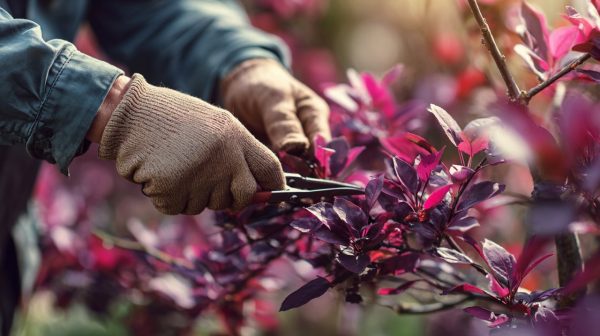 A gardener tending to a healthy Purpleleaf Plum tree.