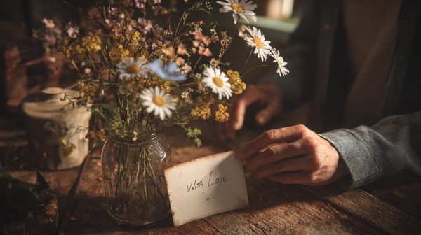Close-up of a man's hands gently touching a red rose, showing care.