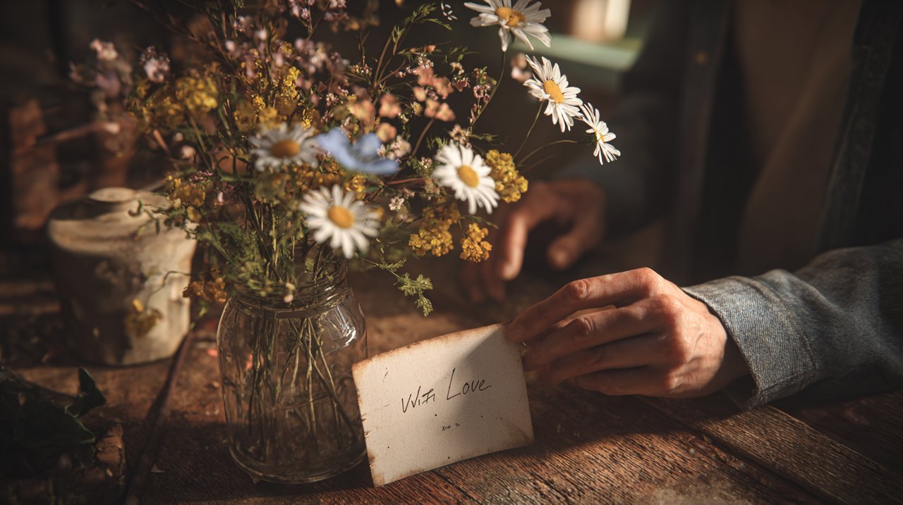 Close-up of a man's hands gently touching a red rose, showing care.