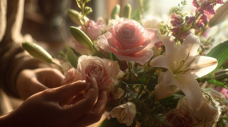 Hands carefully arranging a delicate bouquet of fresh flowers.