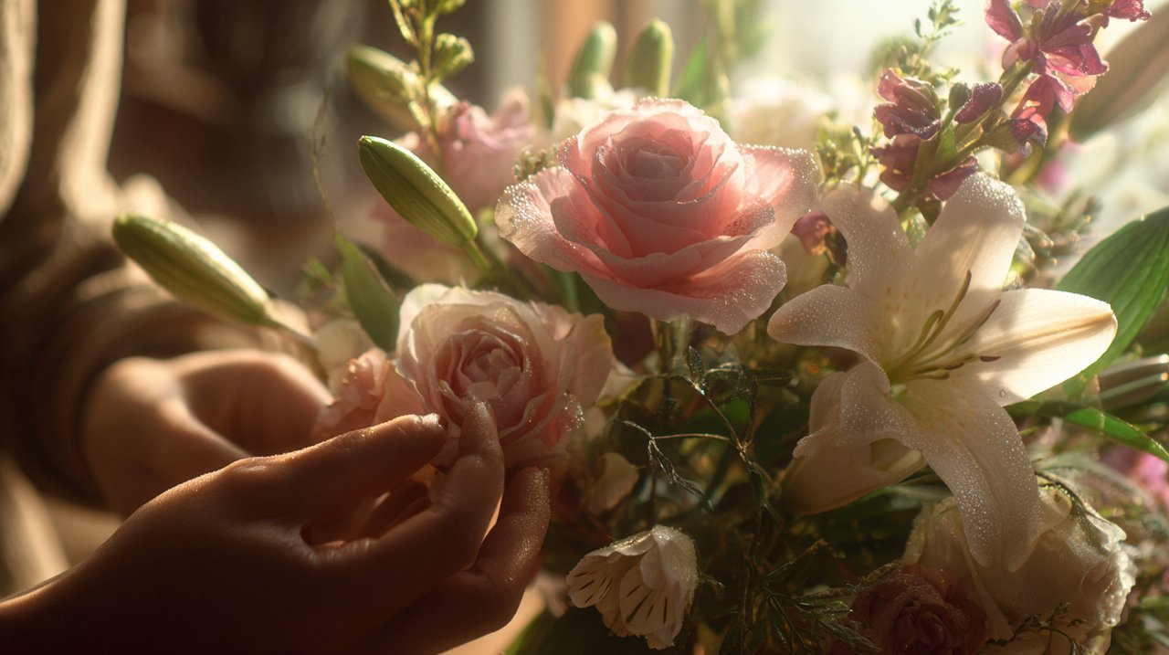 Hands carefully arranging a delicate bouquet of fresh flowers.