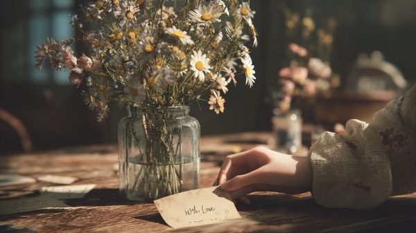 A couple tending to flowers with a handwritten 'With Love' card.