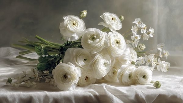 Elegant white Ranunculus wedding bouquet
