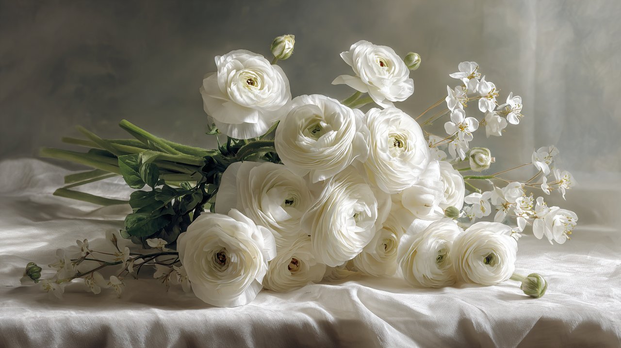 Elegant white Ranunculus wedding bouquet
