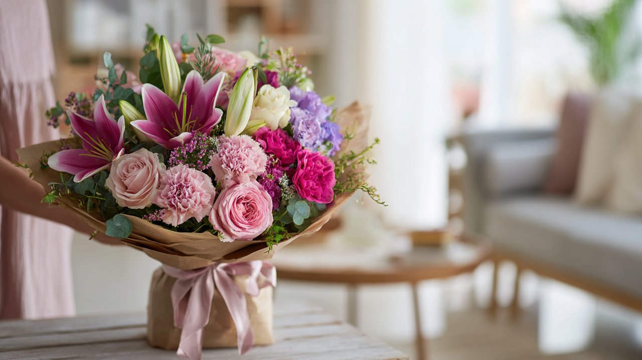 Hands holding a personalized, unique flower bouquet.