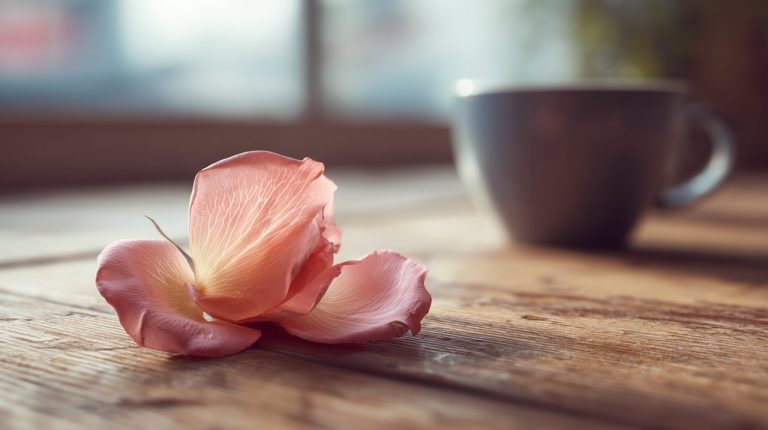 A single rose petal on a cafe table.