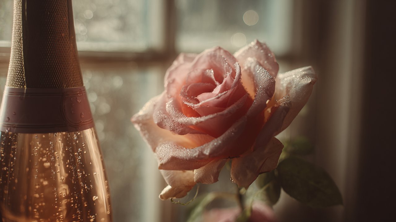A delicate pink rose next to a bottle of rosé champagne.