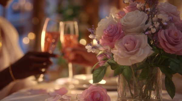 A couple toasting with rosé champagne, with roses in the background.