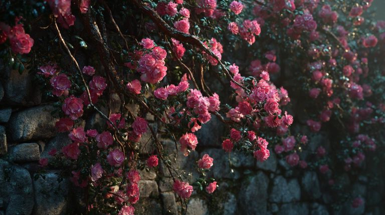 A vibrant wall covered in climbing pink roses.