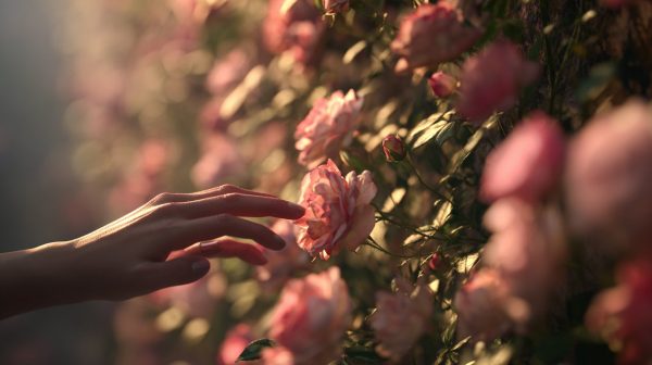 A person admiring a beautiful wild rose wall.