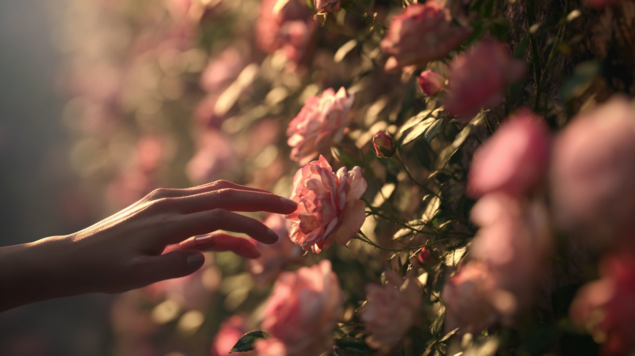 A person admiring a beautiful wild rose wall.