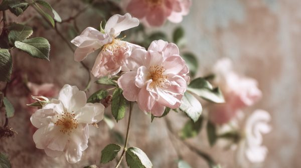 Close-up of delicate pink wild roses climbing a wall.