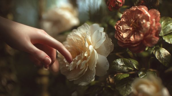 A hand gently touching petals of both a monthly rose and a traditional rose, showcasing their distinct beauty.